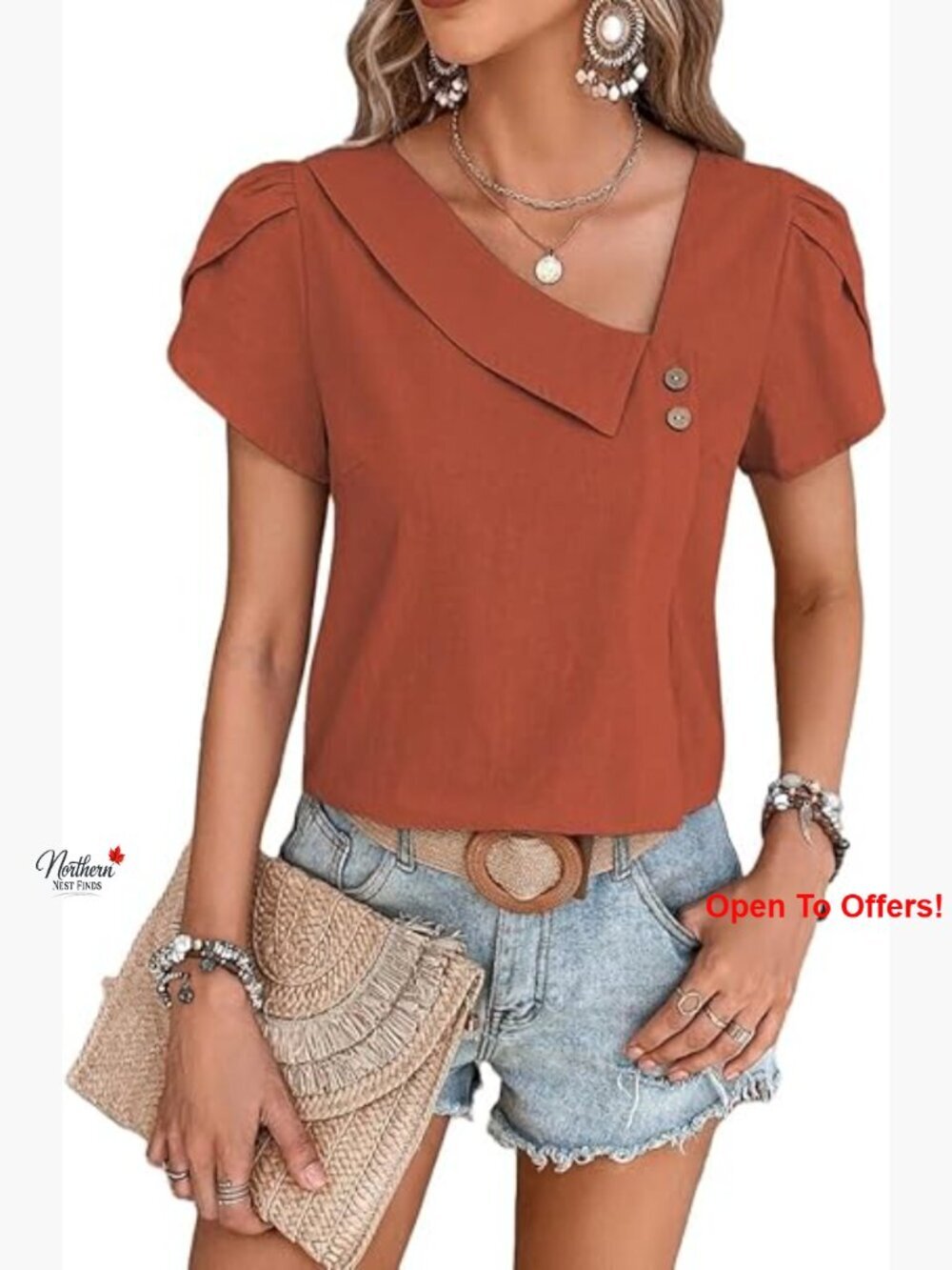 Lightweight Polyester Asymmetric Neckline Blouse Boho Summer Top